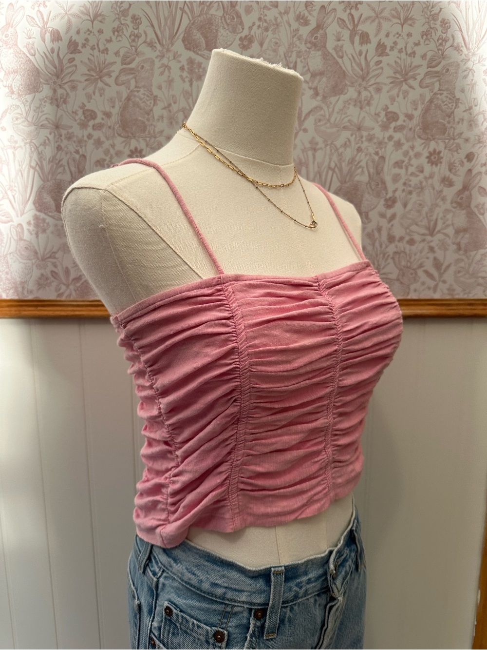 Free People Ruched Pink Spaghetti Strap Crop Top - Picture 5 of 7